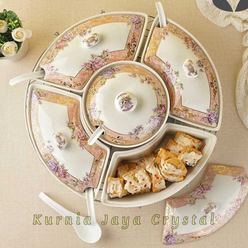 Prasmanan Bulat Keramik Motif Bunga Pop/ Wadah Saji Keramik Import Bunga Pop