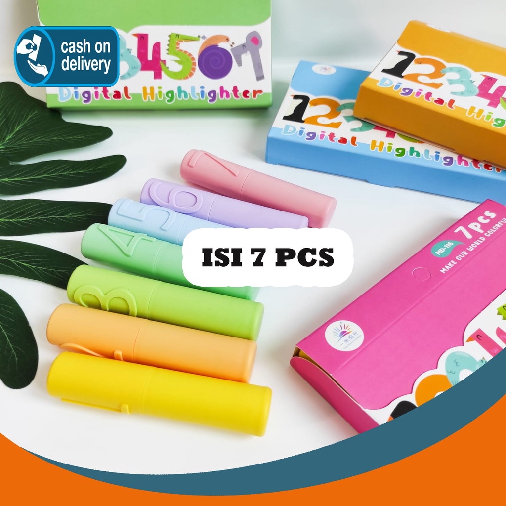 

SET HIGHLIGHTER ANGKA / NOMOR 1 BOX ISI 7 PCS WARNA WARNI SPIDOL PASTEL STABILO