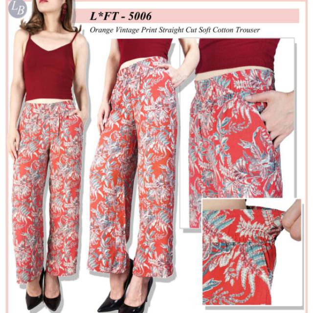 Loft orange vintage print straight cut soft cotton trouser