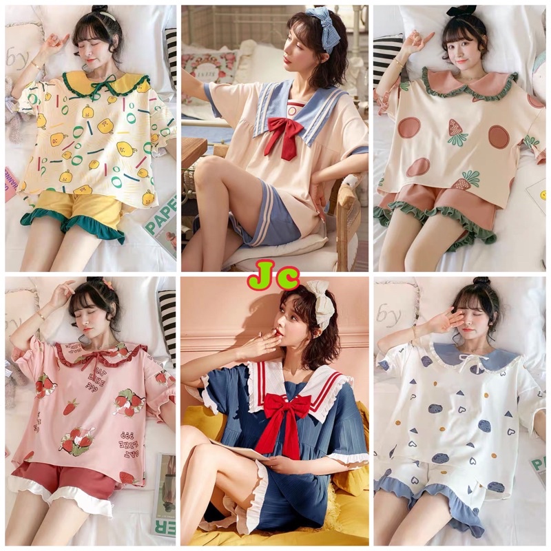 JC- Stelan Piyama Kerah  BabyDoll HP Import / Stelan Piyama wanita import terbaru / Stelan tidur Import murah