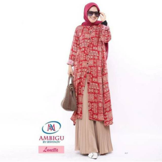 Lunetta set Tunik dan Rok Plisket Ambigu