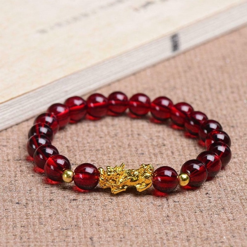 Red Lucky Bracelet Glazed Stone Beaded PIXIU Gold Charm Bracelet for Women Men Wealth Jewelry