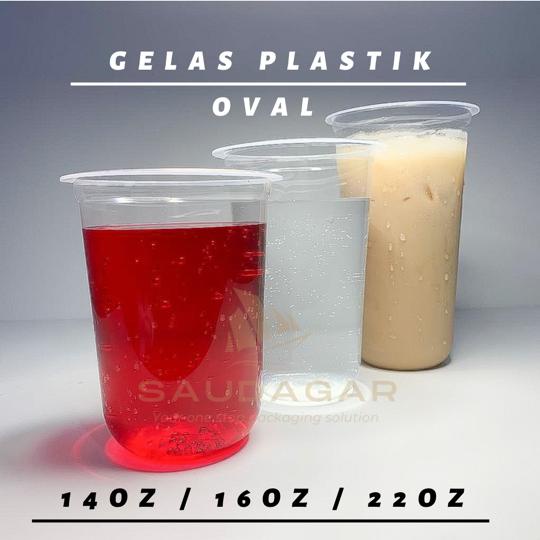 Gelas cup plastik 14 oz / 16 oz / 22 oz datar dan oval PP Food grade