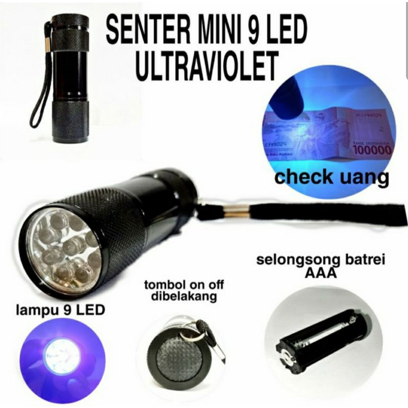 Alat Cek Uang Palsu/ Senter LED Mini Ultraviolet UV 9 LED