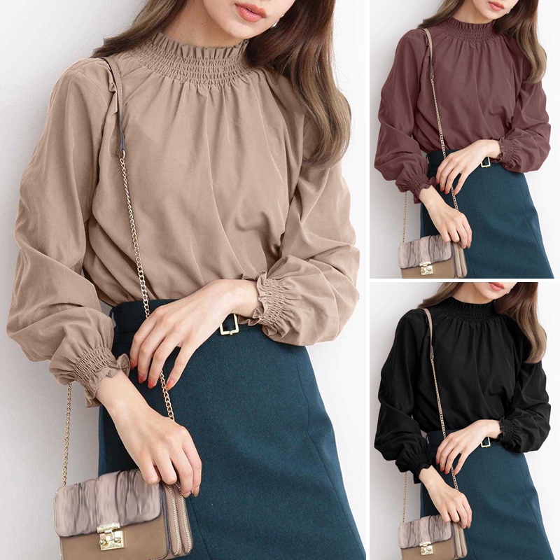 ZANZEA Retro Women Fashion Tops Blouse Solid Color Full Sleeve Turtleneck Casual Holiday Shirt