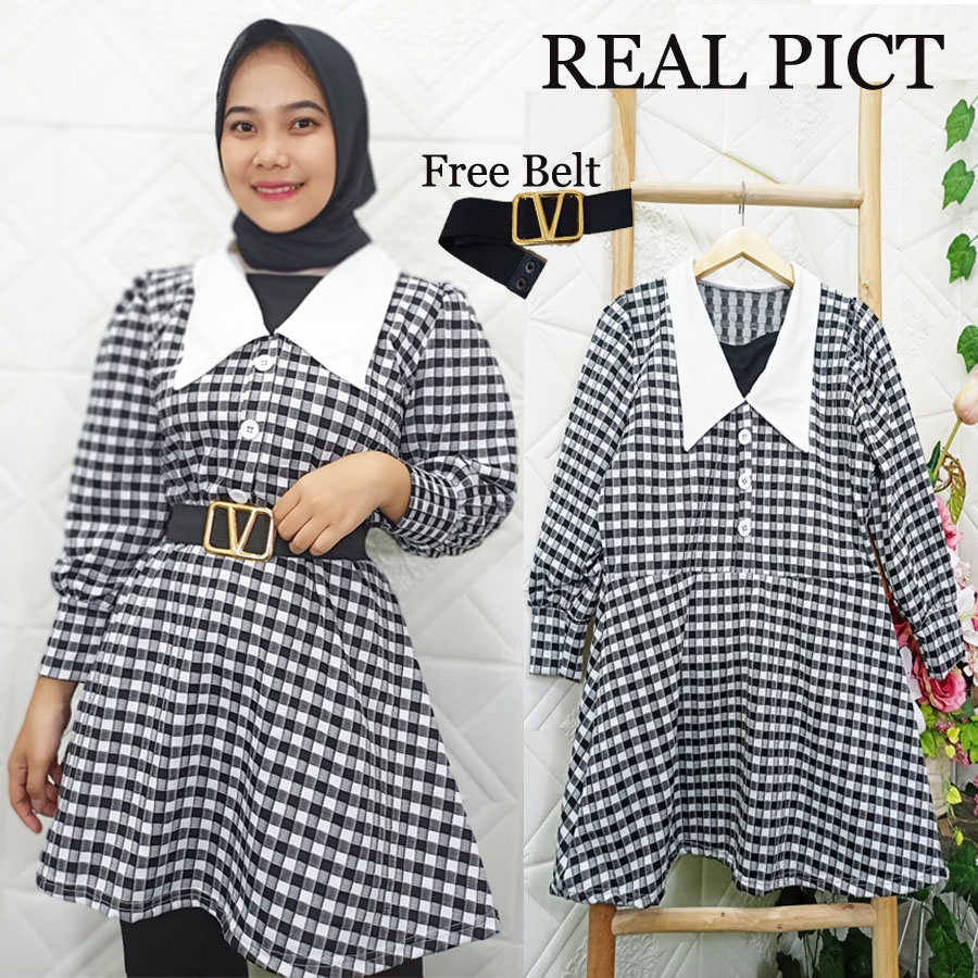 CARLINA DRESS KOTAK KERAH PRANCIS KINAN TARTAN FREE BELT