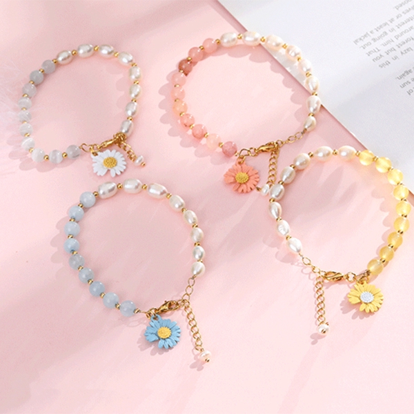 XiaoboACC Gelang Manik-Manik Mutiara Kristal Bunga Daisy Gaya Korea