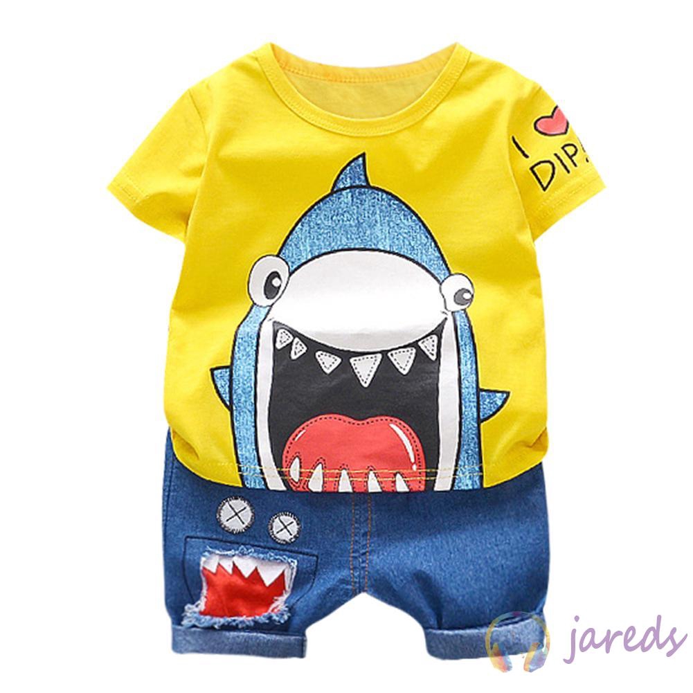 Setelan Kaos T Shirt Bayi Laki Laki Lengan Pendek Gambar Kartun Hiu Kuning Celana Untuk Summer