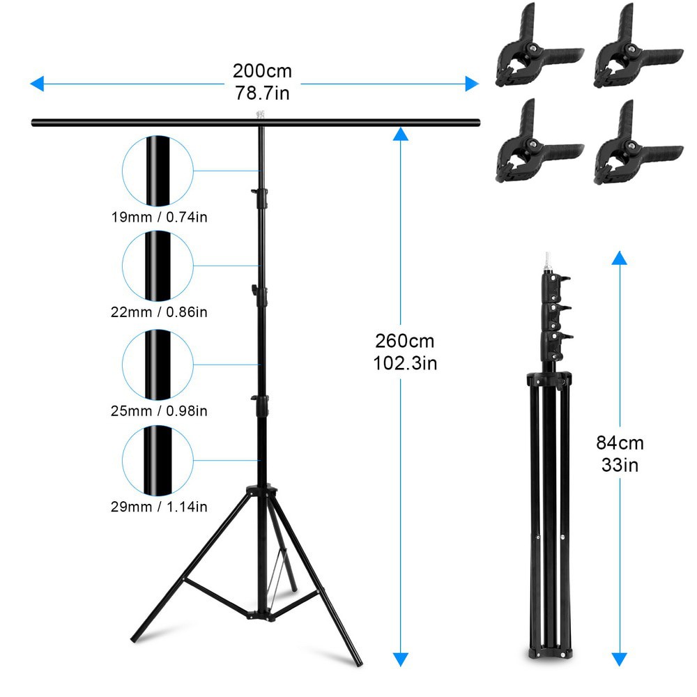 Mall Stand Background Backdrop Photography T-Shape 200x260cm with 4 Clamp Clip