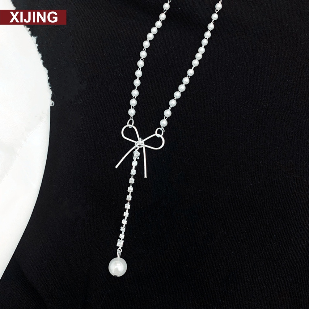 【COD Tangding】Bowknot Pearl Pendant Necklace Women Temperament Simple Clavicle Long Style Chain Korea Fashion Accessories Jewelry