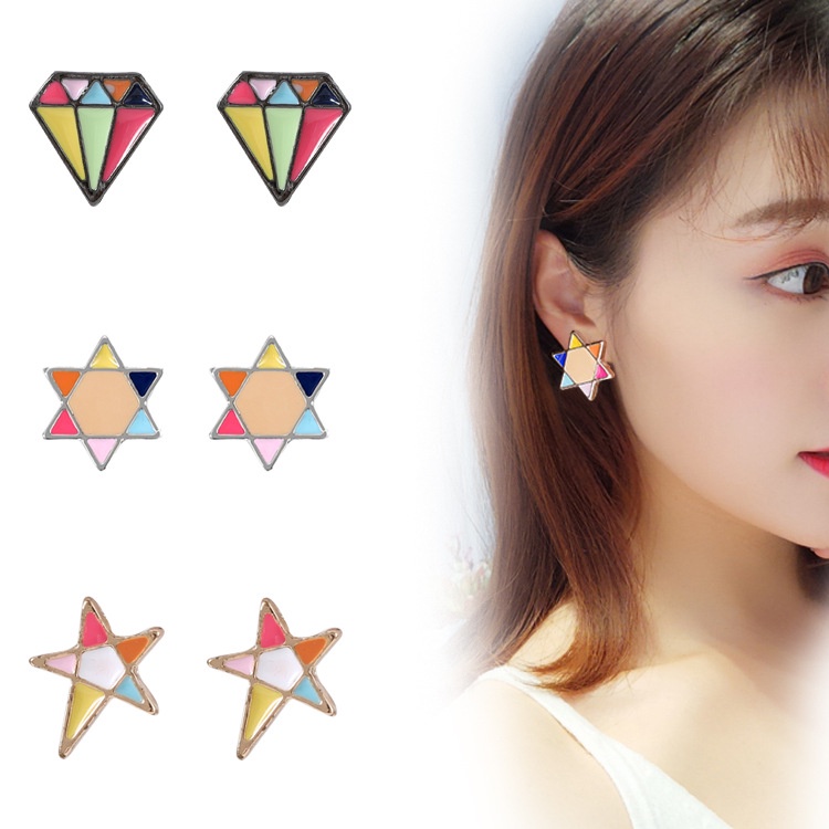 Kecil lucu kartun pola berlian anting-anting warna-warni heksagram stud anting-anting Pentagram anti