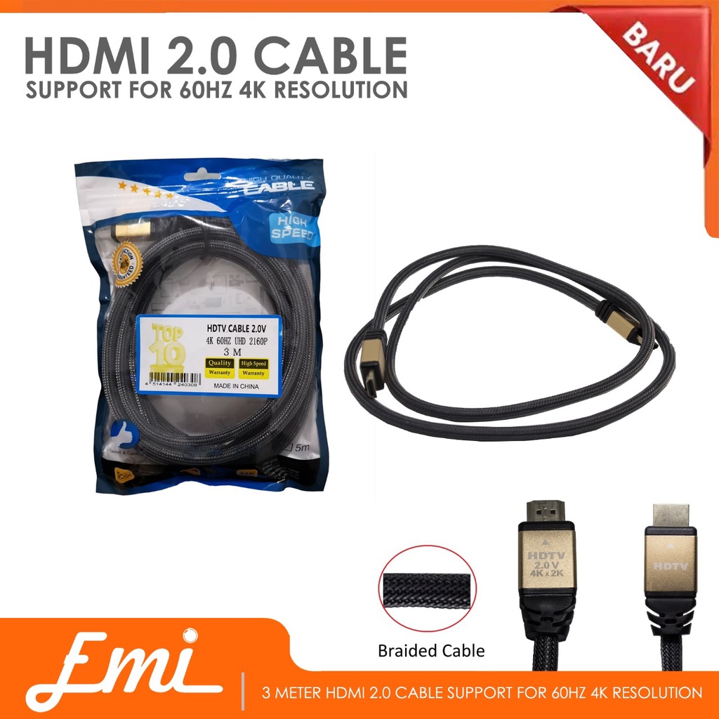 Kabel 3 Meter HDMI to HDMI 2.0 Cable Support for 60Hz 4K Resolution