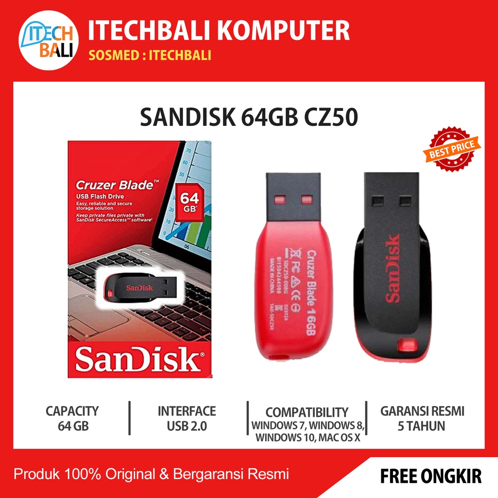 Flashdisk SanDisk 64GB Cruzer Blade CZ50 | ITECHBALI