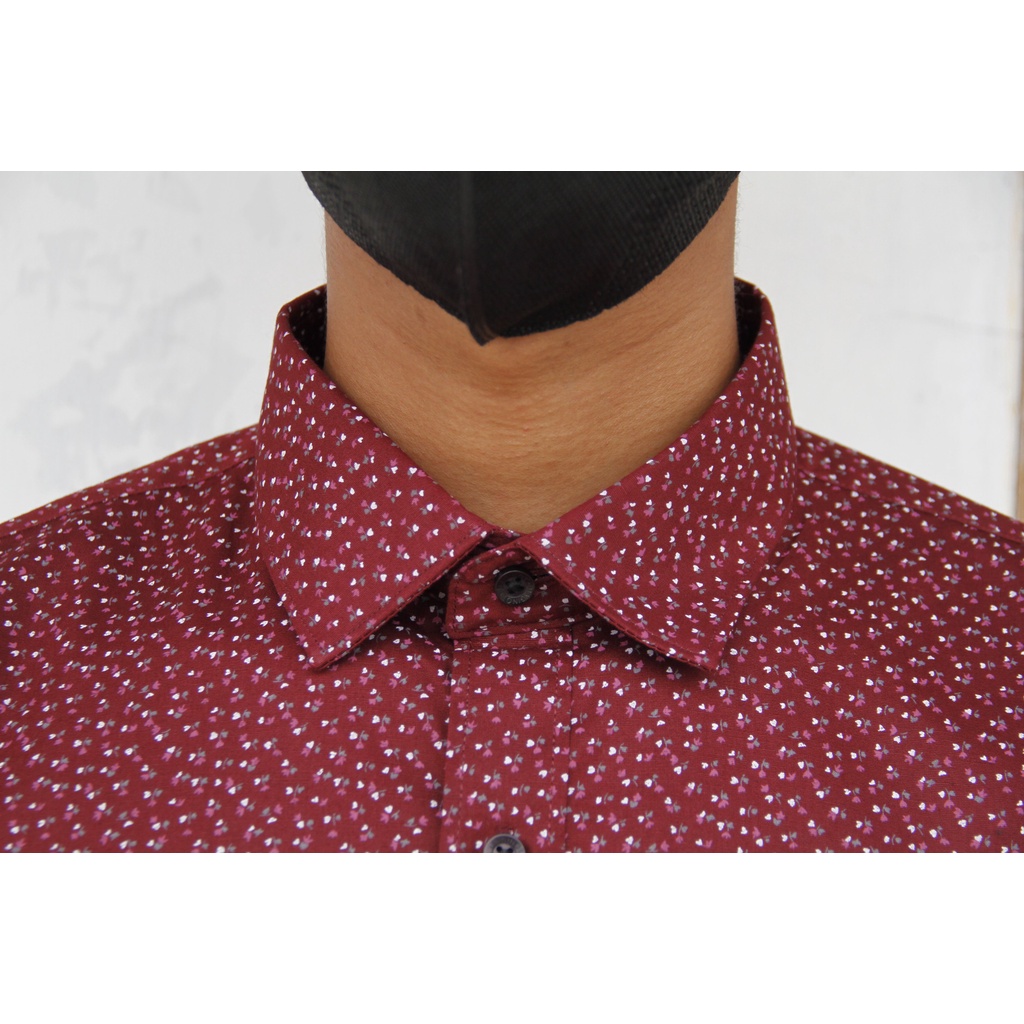 Kemeja Formal Slimfit Maginot Lengan Pendek Pria Maroon Motif Bunga 07 Good Quality 100% Original