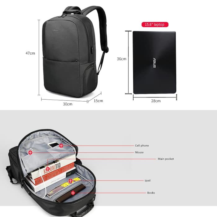 TIGERNU Backpack Tas Laptop up to 15,6&quot; Waterproof &amp; USBPort T-B3506