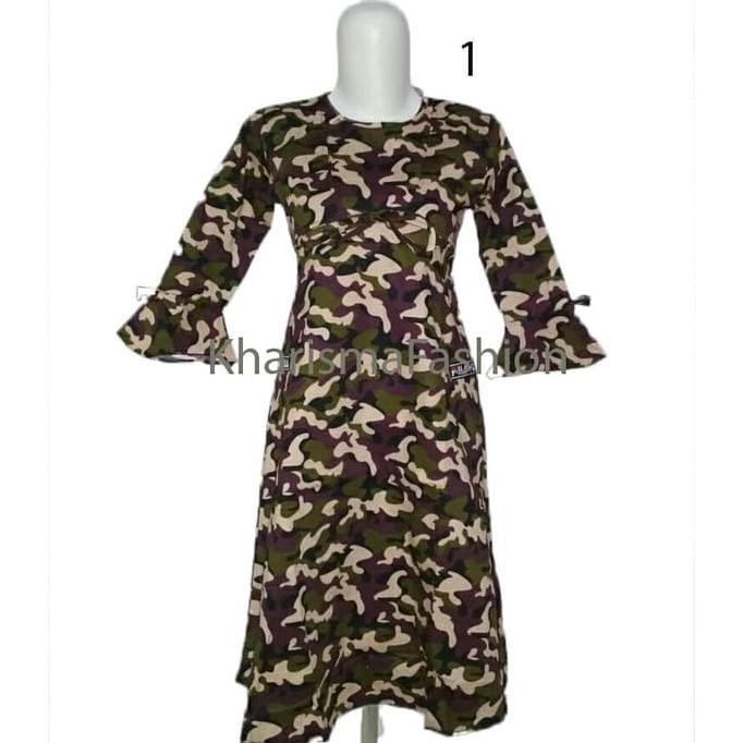 TERMURAH dress anak wanita motif loreng/army bahan katun streach, grosir - Hijau, Ukuran Nol