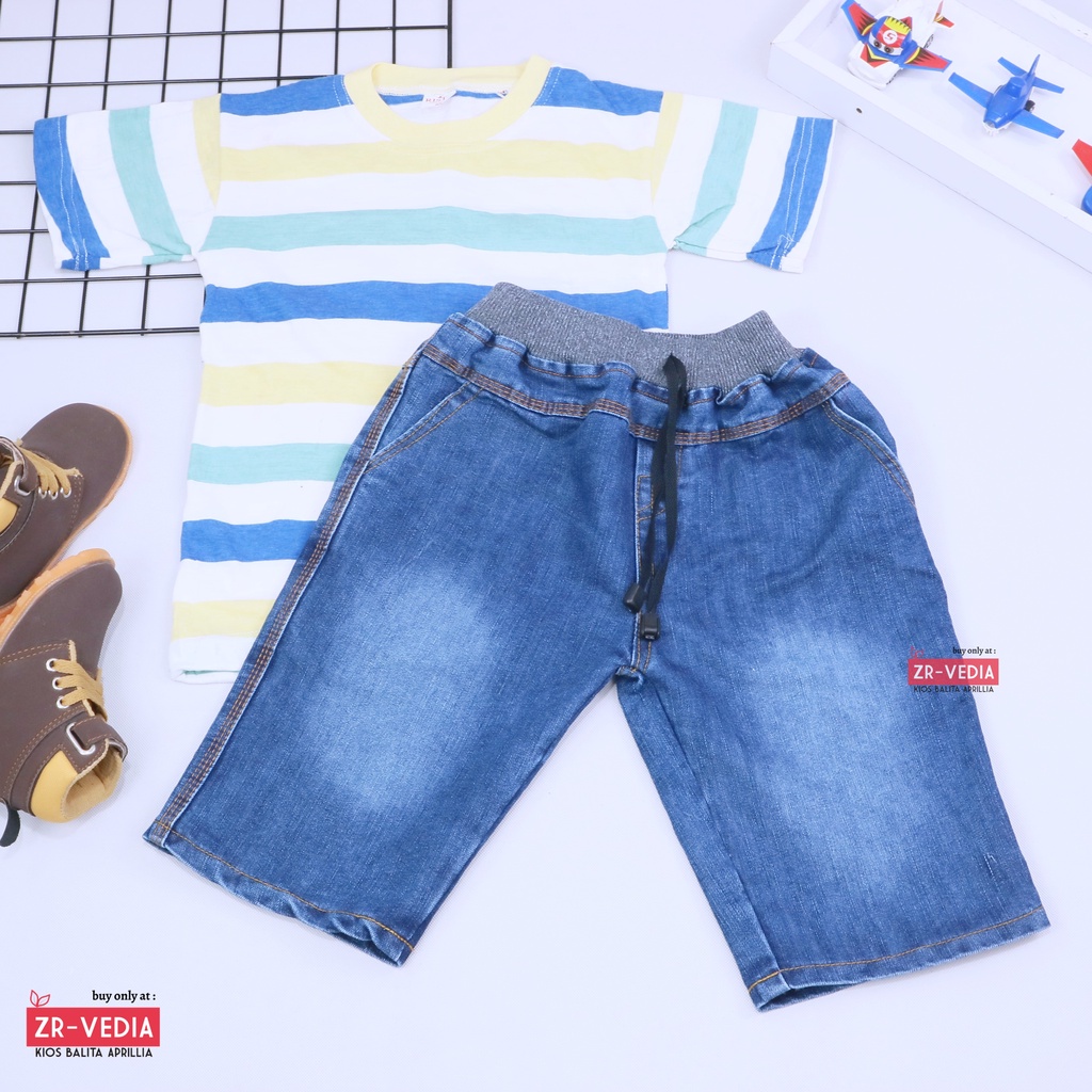 Setelan Salur Jeans uk 5-6 Tahun / Baju Anak Laki Kaos Pendek Celana Jeans Semi Denim Cowok Kiosbalitaaprillia