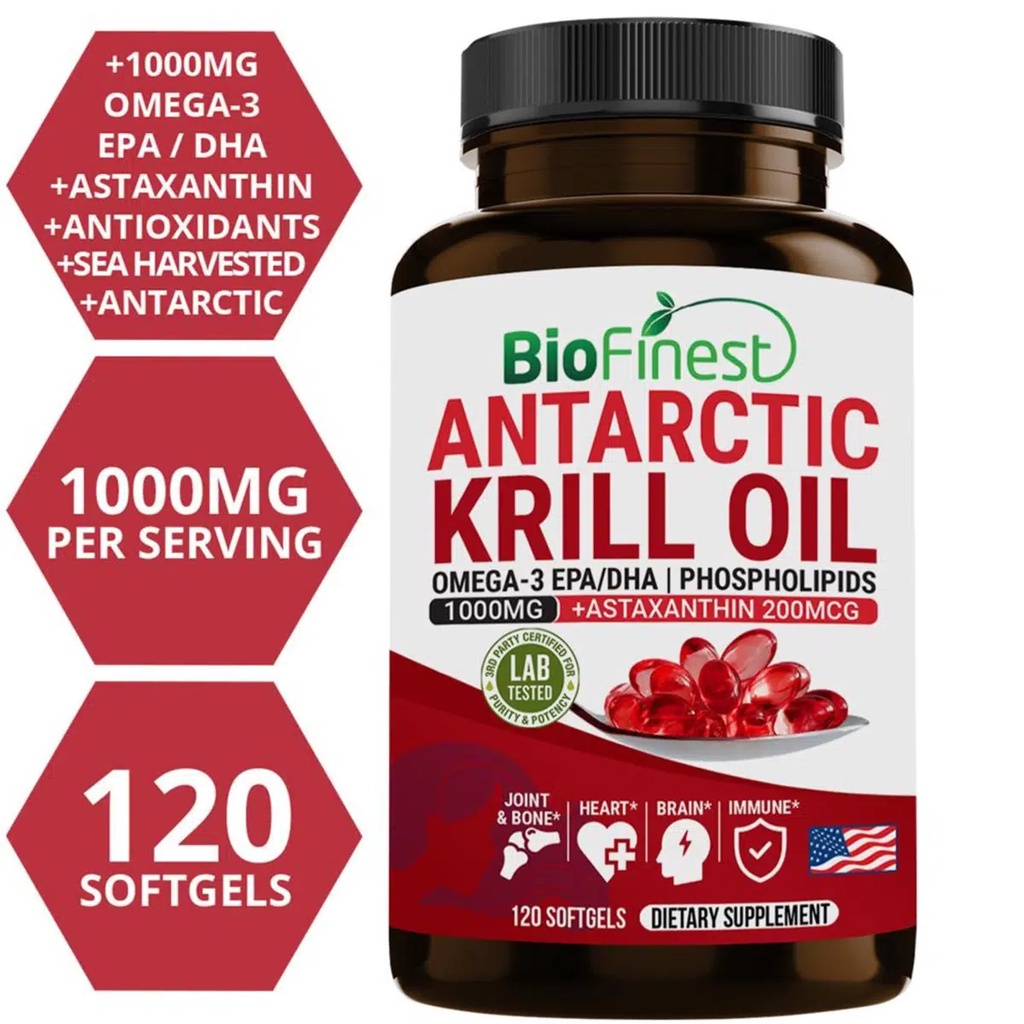 Biofinest Organic Antarctic Krill Oil 1000mg 8x EPA DHA Omega 3 - 120 pc