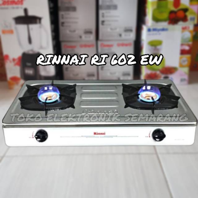 KOMPOR GAS RINNAI RI 602 EW WHITE 2 TUNGKU BURNER KUNINGAN API BESAR STAINLESS STEEL