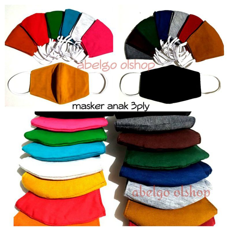 12pcs- masker kain anak 3ply polos warna usia 4-12th