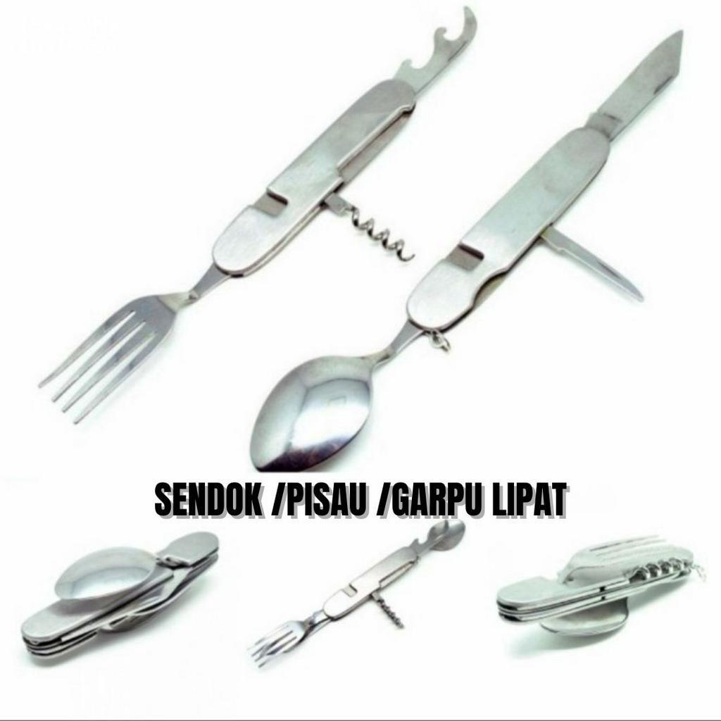 SENDOK GARPU LIPAT (1 SET) SERBAGUNA MULTIFUNGSI CAMPING OUTDOOR STAINLESS SENDOK MAKAN