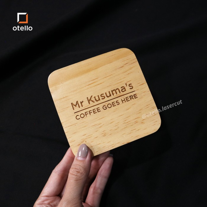 Pinu | Square Wooden Coaster Kayu Solid Pinus Grafir | Engrave Tatakan Gelas Kotak