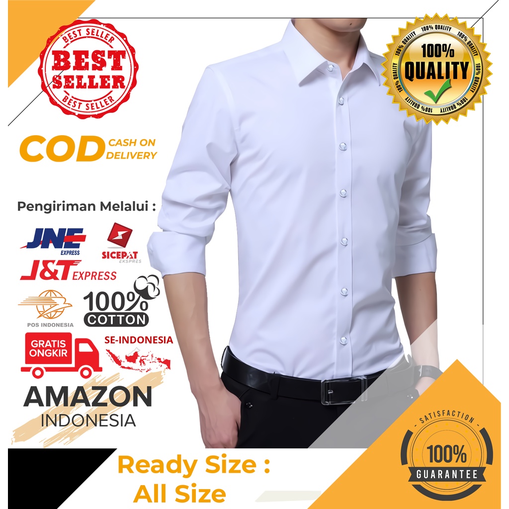 KEMEJA PRIA LENGAN PANJANG WARNA WHITE PUTIH STYLE FORMAL CASUAL BAHAN KATUN STRETCH KAIN TEBAL DINGIN