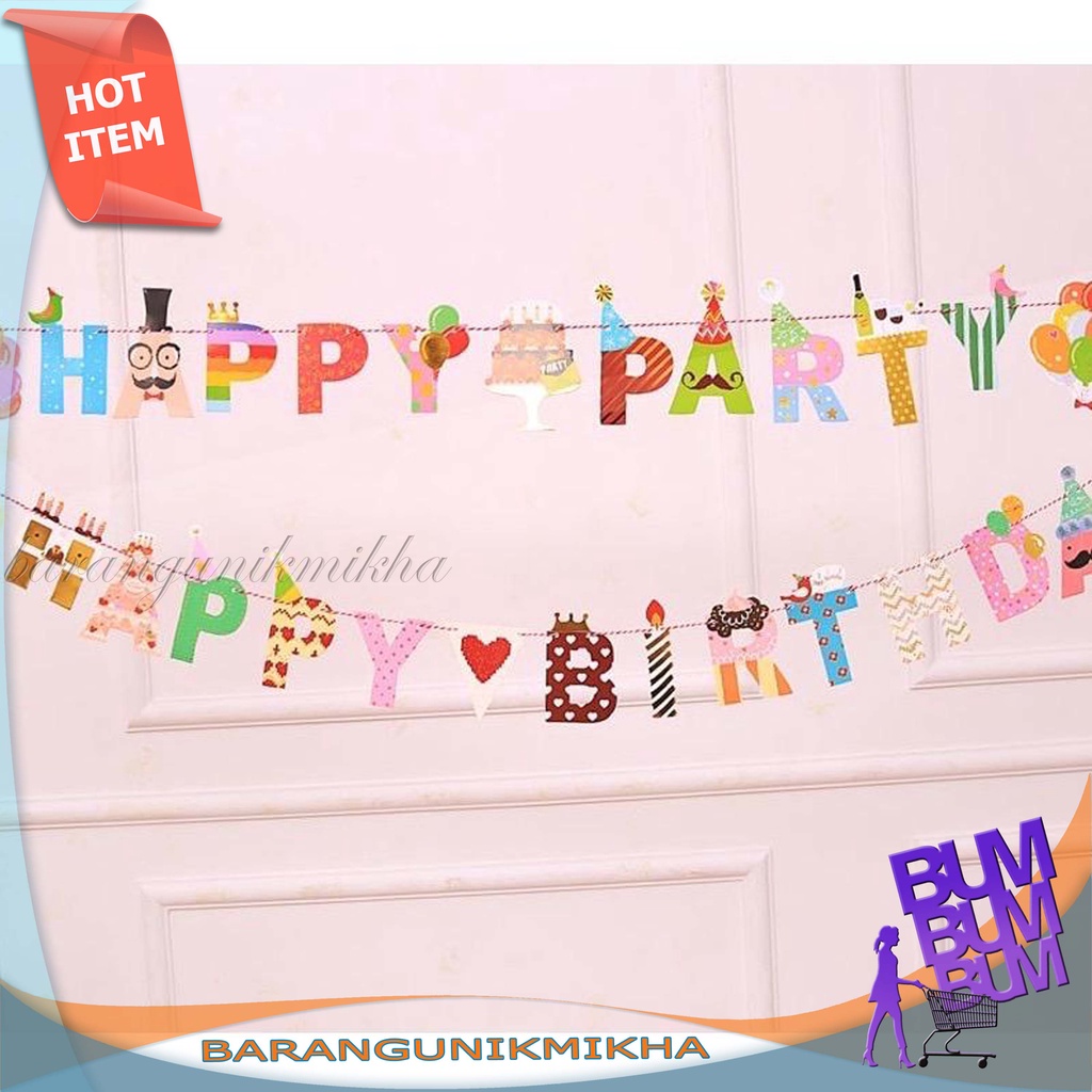 BANNER Topper HAPPY PARTY Desain Tulisan Happy Birthday BANNER ULANG TAHUN Bahan Kertas murah