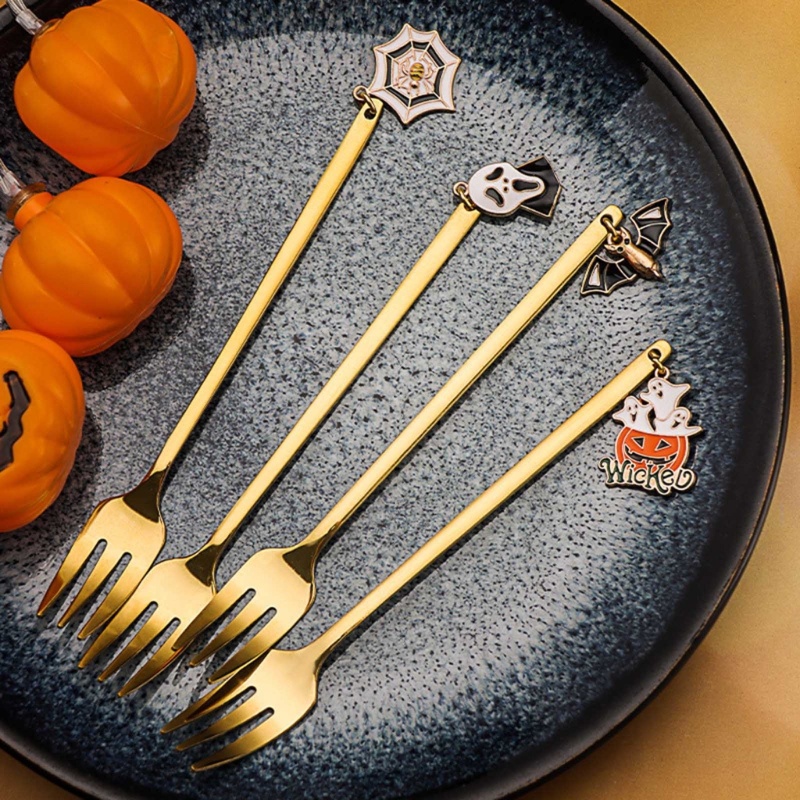 Zzz 6Pcs Sendok + Garpu + Pengaduk Kopi / Dessert Gagang Panjang Bahan Stainless Steel Untuk Halloween