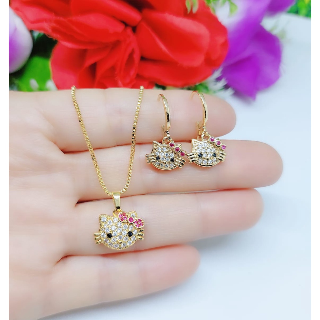 Xuping kalung dan anting Hello Kitty permata lapis emas 0255,0256