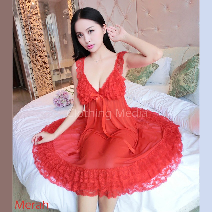 Premium Lingerie Halus Lembut Wanita Gaun Transparan Babydoll Renda L9