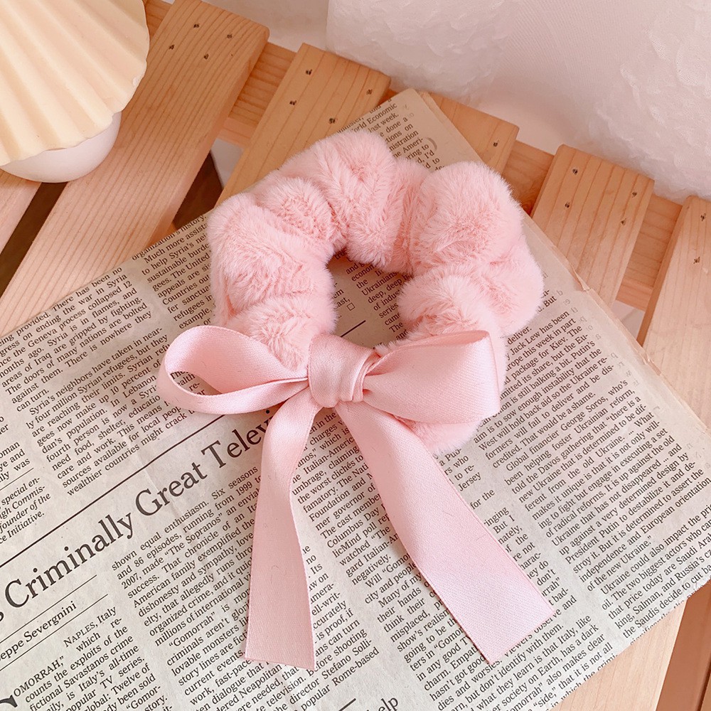 Ikat Rambut Karet Pita Wanita  Fashion Gaya Korea / Srunchie Karet Rambut Aksen Pita Daily Import-Pink