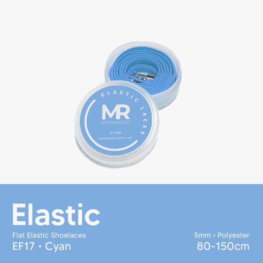 Original MR Shoelaces EF17 Elastic Cyan Sian Tali Sepatu Flat Elastis (Karet Lentur) with Metal Clip / Lock 80cm 100cm 120cm 150cm - Premium Shoelace