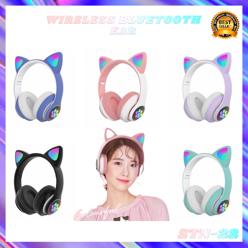 【33LV.ID】2MODEL Headphone bluetooth model telinga kucing lampu led wireless stereo bass BT028C/STN 28