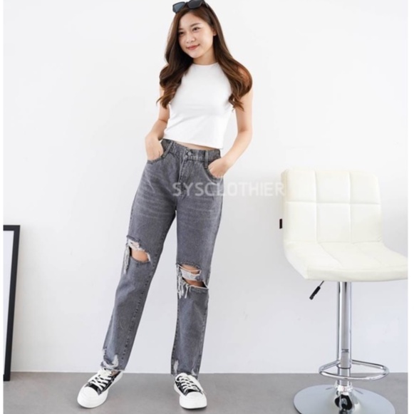 CELANA JEANS WANITA UKURAN NORMAL &amp; JUMBO BF RUBBER GRAY-SYSCLOTHIER