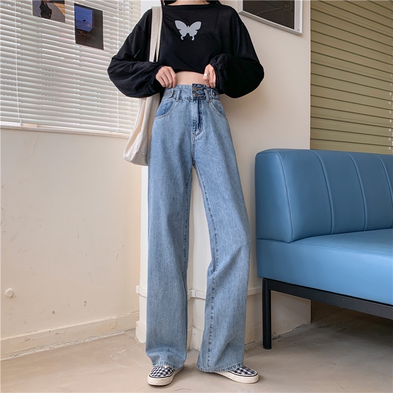 celana jens wanita highwaist loose Jeans double kancing korean style pants celana lebar kasual