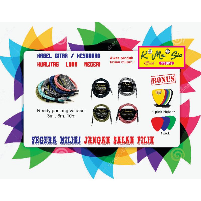 Kabel Mono Fender - perlengkapan aksesoris Gitar/Bass/Keyboard/Drum Elektrik kualitas import