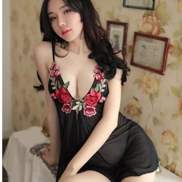 Ɛѵҽ Lingerie Sexy Pakain Tidur V Neck Pakain Dalam Bordir Bunga Renda Babydoll 1074