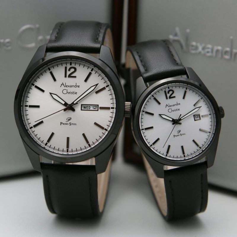 Jam Tangan Couple Alexandre Christie AC 1012 Tali Kulit Pria & Wanita Original
