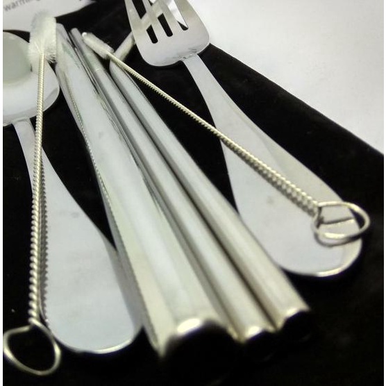 ♦ Sedotan Stainless Set Travel Sendok Garpu sedotan Bubble ♪