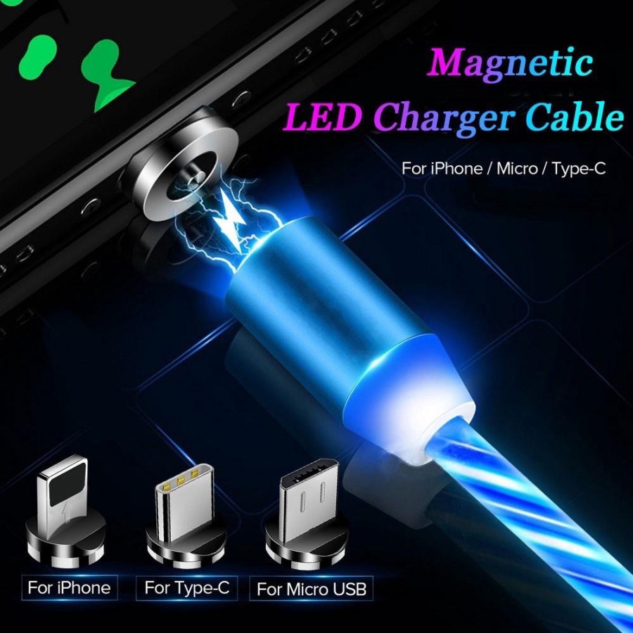 Kabel Data Magnet Led/ Charger Micro USB Magnetik Fast Charging untuk IOS/ANDROID 3 in1 LEd