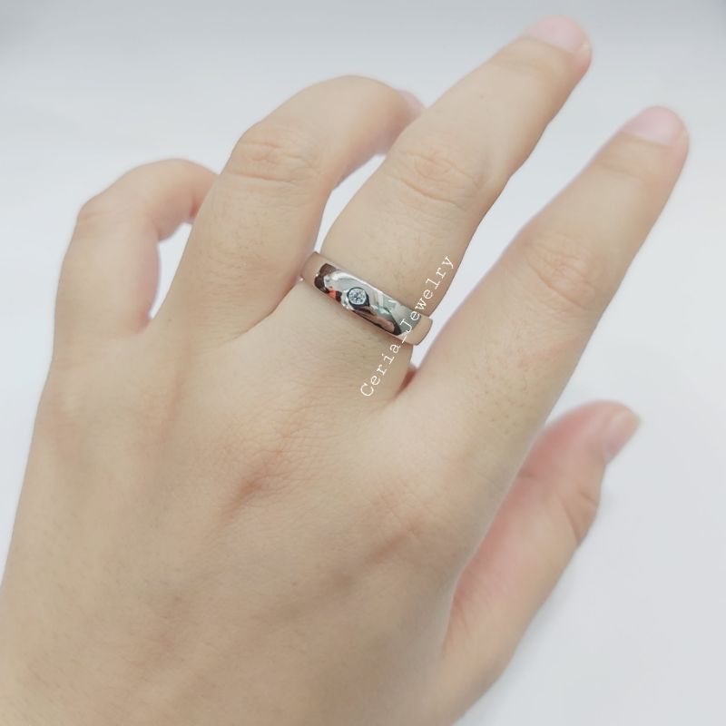 Cincin Perak Asli Pria Wanita Silver 925 Lapis Emas Putih Model Cincin Polos 1 permata, Cincin Pasangan, Cincin Tunangan, Cincin Couple - Perhiasan Perak Asli