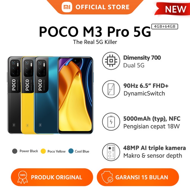 POCO M3 Pro 5G (4GB+64GB) Dimensity 700 48MP AI Triple Kamera Layar 90Hz 6.5? FHD+ 5000mAh NFC