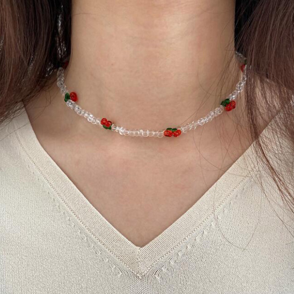 Kalung Choker Manik-Manik Cherry Transparan Bahan Resin Gaya Bohemian Untuk Wanita