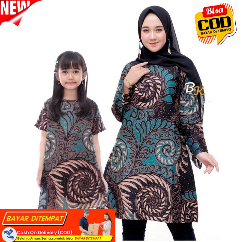 couple Baju batik ibu dan anak Cewek Motif Puser Ijo - Baju batik couple anak dan Mama Model dress K