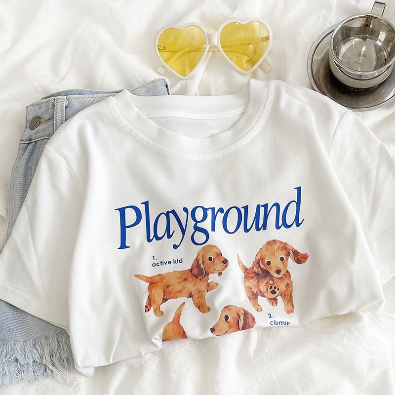 American Retro Super Cute Dog Huruf Cetak Musim Panas Peregangan Slim Leher Bulat Bahu Depan T-Shirt Top