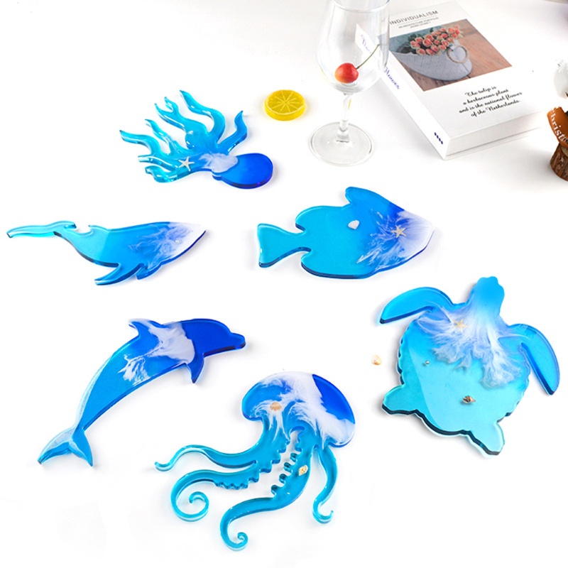 SIY  6Pcs Marine Organism Coaster Silicone Resin Molds Sea Turtle Dolphin Fish Octopus Tea Mat Ocean Coaster Molds Kit Tools