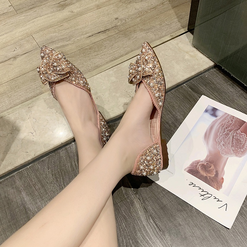 Sepatu Flat Shoes Wanita Import Pointed Toe Flats Balet Balerina Mutiara Kristal Sol Karet Murah Hitam Black Pink Gaya Korea - Ukuran 35 36 37 38 39 40