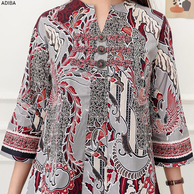 Evercloth Adiba Blouse Wanita Atasan Wanita Blouse Batik Wanita Lengan Panjang Atasan Batik Wanita 3/4 Koin Kancing Batik Couple Set Family Sarimbit Abu Grey Silver