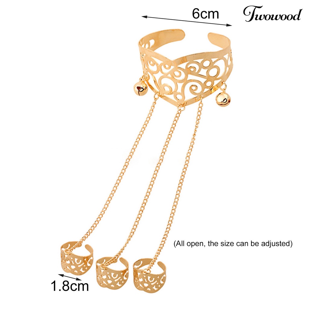 Twowood Multilayer Tassel Bell Hand Harness Bracelet Hollow Engraved Pattern Adjustable Bangle Finger Chain Jewelry Accessories